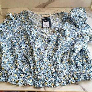 Universal Thread Blue Floral Flutter Short-Sleeve Cropped Wrap Top Size XXL